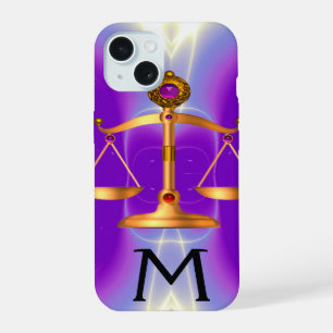 GOLD SCALES OF LAW WITH GEM STONES MONOGRAM Pink iPhone 15 Case