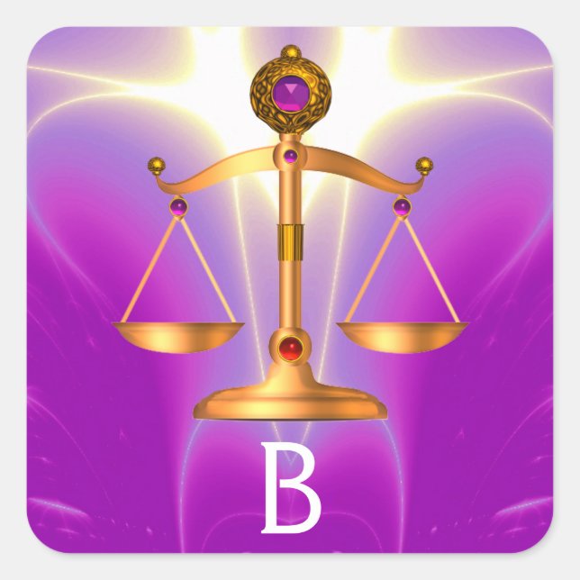 GOLD SCALES OF LAW WITH GEM STONES MONOGRAM SQUARE STICKER (Front)