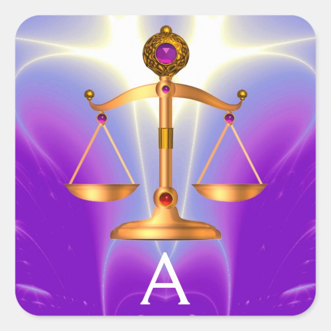GOLD SCALES OF LAW WITH GEM STONES MONOGRAM SQUARE STICKER (Front)