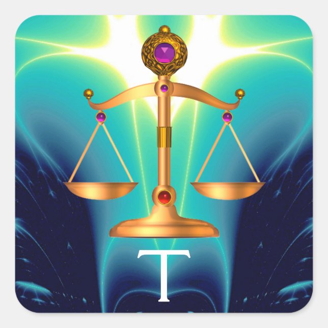 GOLD SCALES OF LAW WITH GEM STONES MONOGRAM SQUARE STICKER (Front)