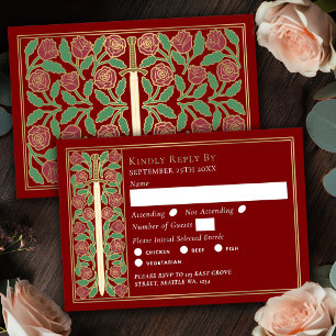 Gold Scarlet Mediaeval Floral Sword Wedding RSVP Card