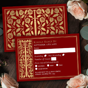 Gold Scarlet Mediaeval Sword Wedding RSVP Card