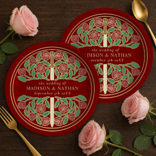Gold Scarlet Royal Mediaeval Floral Sword Wedding Paper Plate
