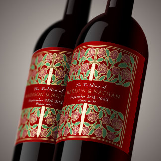 Gold Scarlet Royal Mediaeval Floral Sword Wedding Wine Label