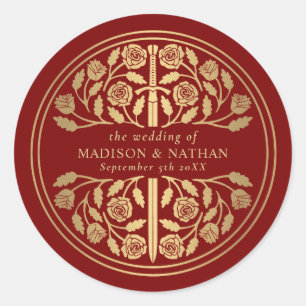 Gold Scarlet Royal Mediaeval Sword Wedding Classic Round Sticker