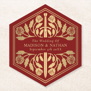 Gold Scarlet Royal Mediaeval Sword Wedding Paper Coaster