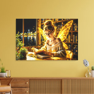 Gold scholarly fairy golden wings cosy library canvas print