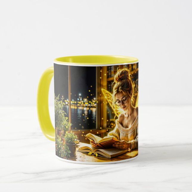 Gold scholarly fairy golden wings cosy library mug (Front Left)