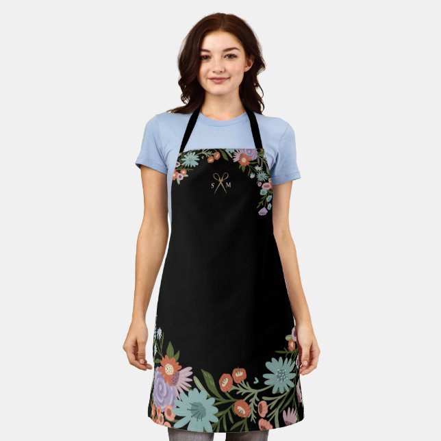 Gold Scissor Floral Wreath Hair Stylist Black Apron (Worn)