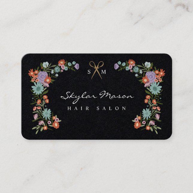 Gold Scissor Floral Wreath Hair Stylist Black Business Card (Front)