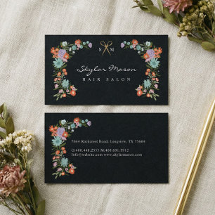Gold Scissor Floral Wreath Hair Stylist Black Business Card