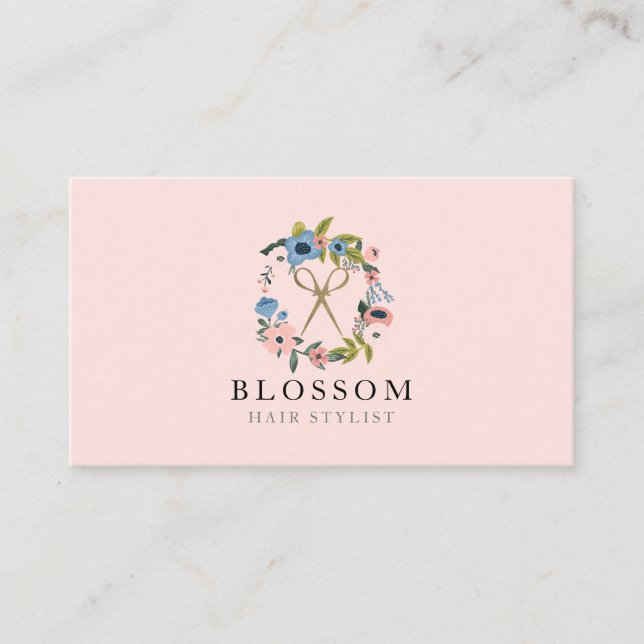 Gold Scissor Floral Wreath Logo Hair Stylist Salon Business Card (Front)