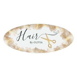 Gold Scissor Hair Cut Beauty Salon Elegant Name Tag
