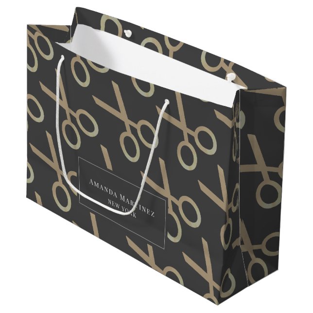 Gold Scissor Pattern Dark Grey Large Gift Bag (Front Angled)