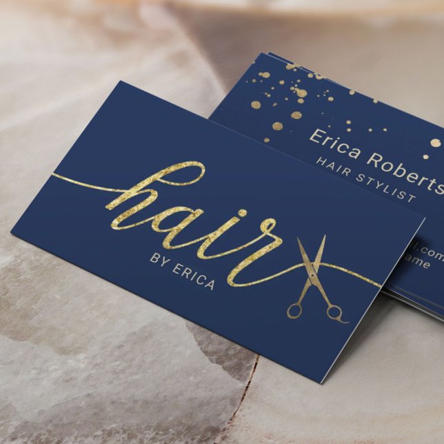 Gold Scissor Typography Hair Stylist Navy Blue Business Card (Creator Uploaded)