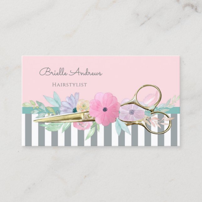 Gold Scissors and Stripes Pink Floral Hairstylist Business Card (Front)
