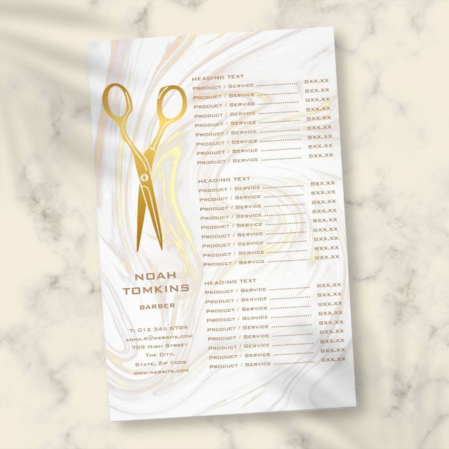 Gold Scissors Barber Marble Service Menu (Gold Scissors Barber Marble Service Menu Flyer)