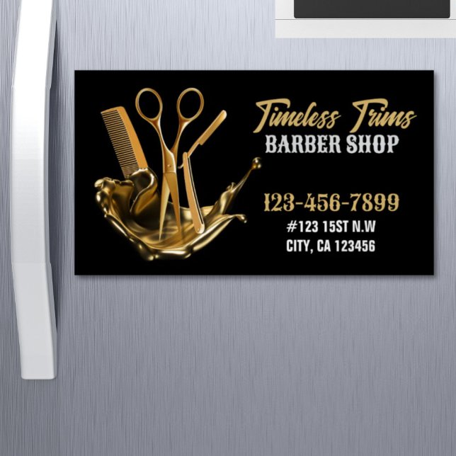 Gold Scissors Barbershop Hairdresser Barber Shop Magnetic Business Card (Gold Scissors Barbershop Hairdresser Barber Shop Business Card Magnet)