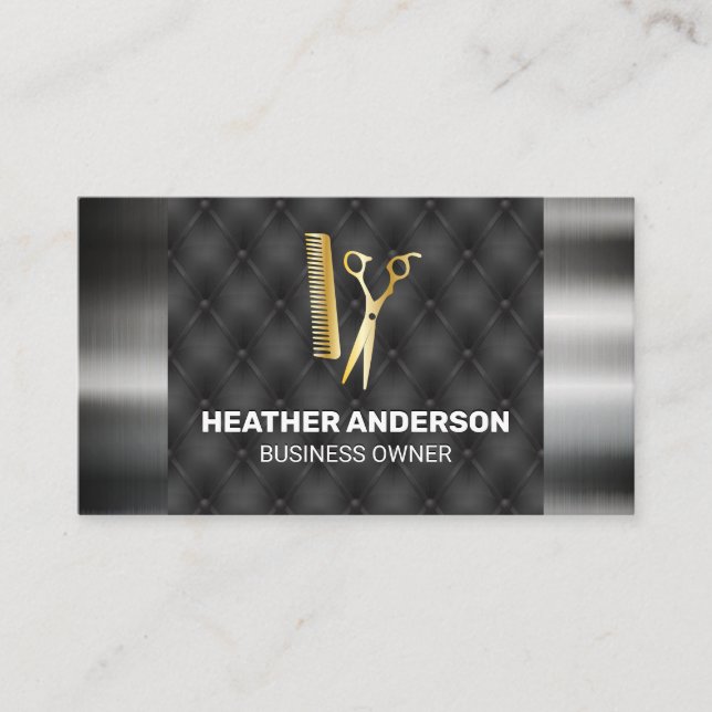Gold Scissors Comb | Metallic Trim Business Card (Front)