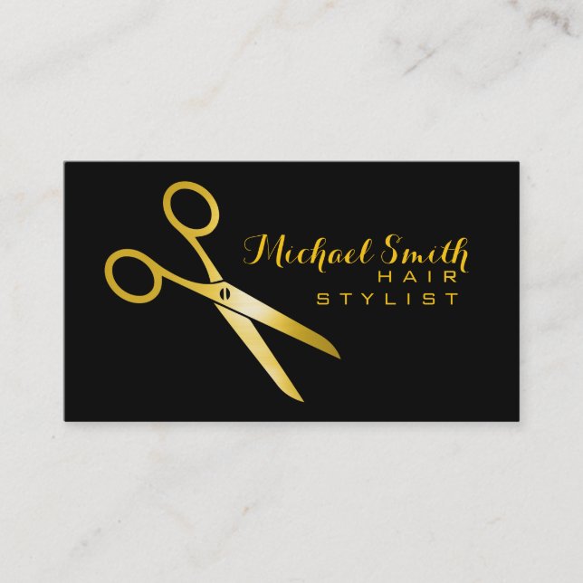 Gold Scissors Elegant Hair Stylist Business Card (Front)