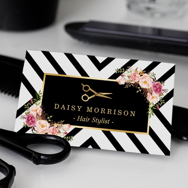 Gold Scissors Floral Hair Stylist Beauty Salon Business Card (Creator Uploaded)