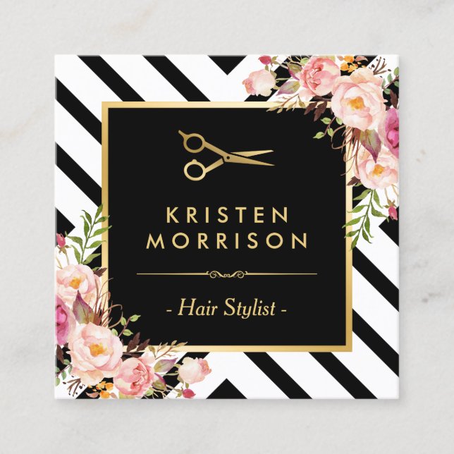 Gold Scissors Flowers Hair Stylist Appointment Card (Front)