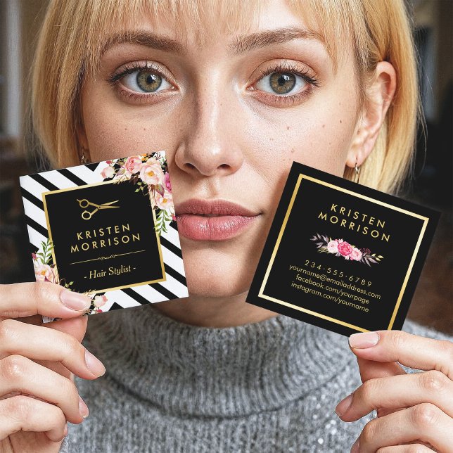 Gold Scissors Flowers Hair Stylist Beauty Salon Square Business Card (Creator Uploaded)
