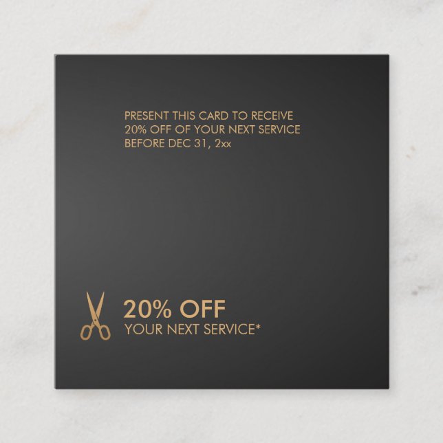 Gold Scissors Hair Stylist Black Gradient Discount Square Business Card (Front)