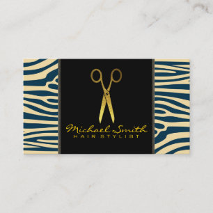 Gold Scissors Hair Stylist Modern Zebra Skin #37 Business Card