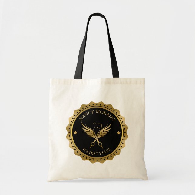 Gold Scissors Hairstylist Logo Design Tote Bag (Front)