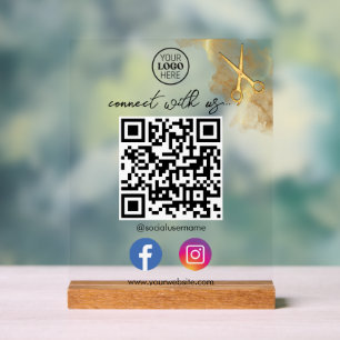 Gold Scissors Metal Business Card With QR Code Acrylic Sign