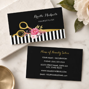 Gold Scissors Pink Floral Hair Salon Business Card