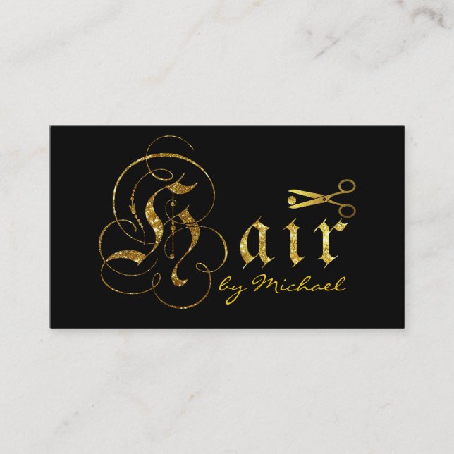 Gold Scissors Script Hair Stylist Salon #10 Business Card (Front)