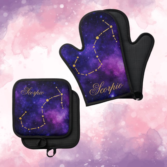 Gold Scorpio Constellation on Dark Galaxy | Oven Mitt & Pot Holder Set (Creator Uploaded)