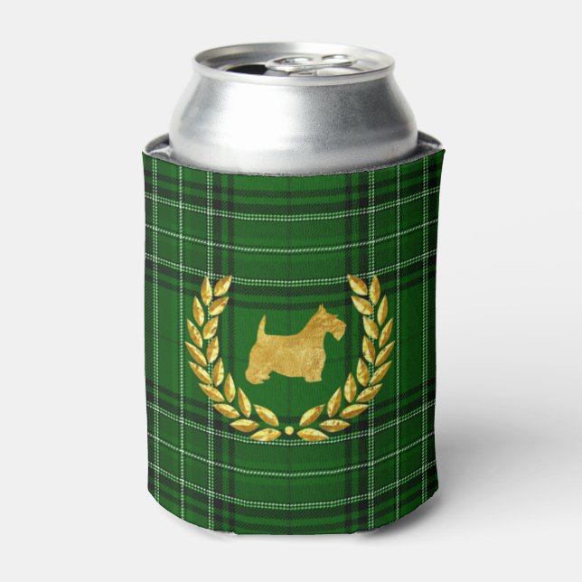 Gold Scottie & Wreath Green Plaid Can Cooler (Can Front)