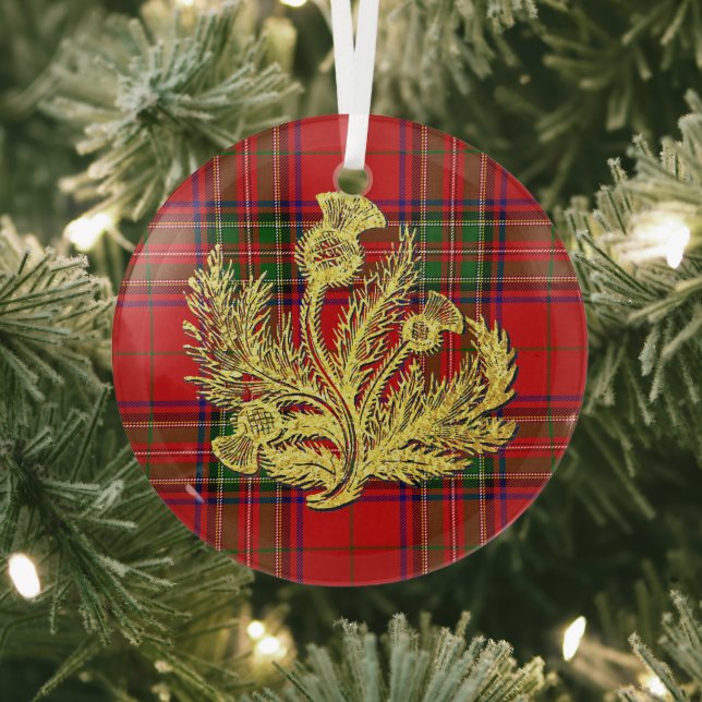 Gold Scottish Thistle on Plaid Glass Tree Decoration (Insitu)