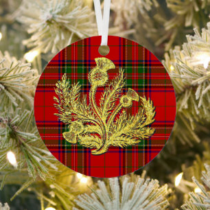 Gold Scottish Thistle on Plaid Metal Tree Decoration