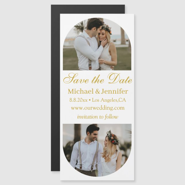 gold script 2 arch photos save the date magnet (Front/Back)