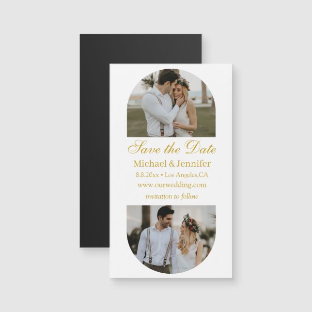 gold script 2 arch photos save the date magnet (Front/Back)