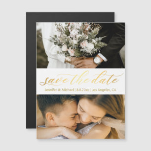 gold script 2 photos save the date magnet