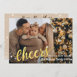 Gold Script 3 Photo Cheers to the New Year Linen Holiday Card