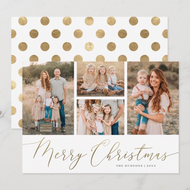 Gold Script 4 Photos Merry Christmas Flat  Holiday Card (Front/Back)