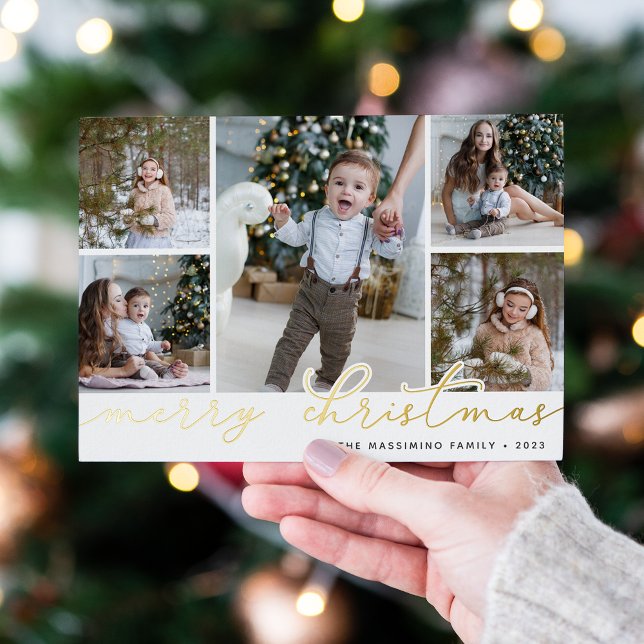 Gold Script | 5 Photo Collage Foil Holiday Card (Creator Uploaded)