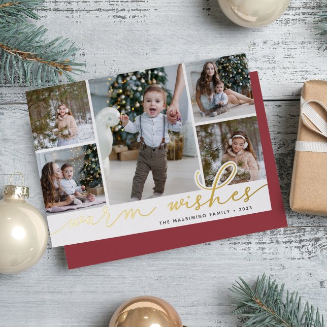 Gold Script | 5 Photo Collage Warm Wishes Foil Holiday Card (Creator Uploaded)