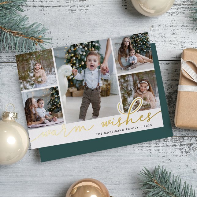 Gold Script | 5 Photo Collage Warm Wishes Foil Holiday Card (Creator Uploaded)