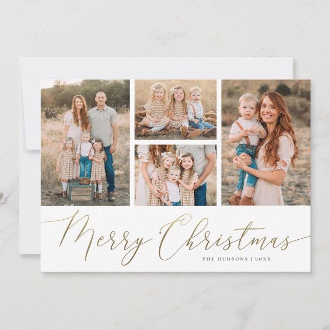 Gold Script 5 Photo Merry Christmas Flat Holiday Card (Front)
