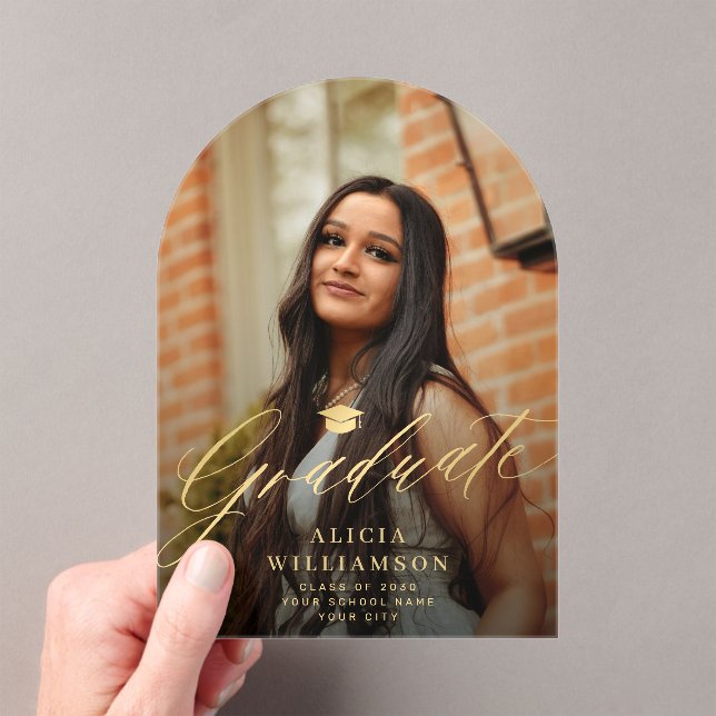 Gold script acrylic photo graduation announcement (Insitu (Handheld))
