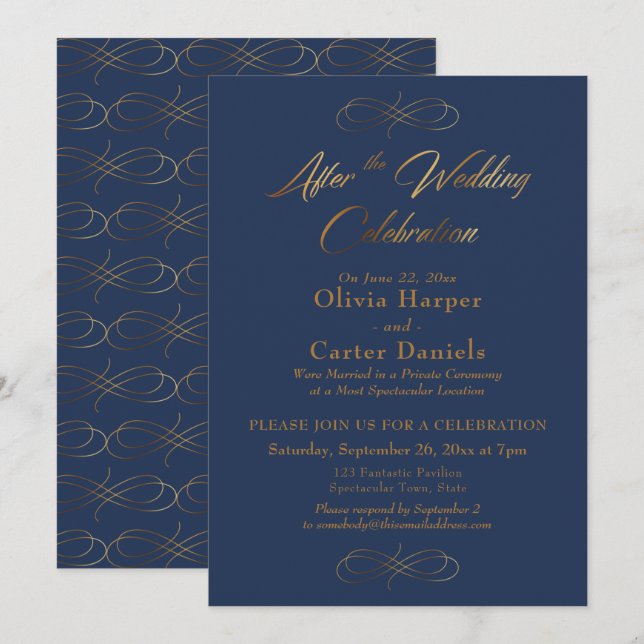 Gold Script After the Wedding Celebration Navy Invitation (Front/Back)