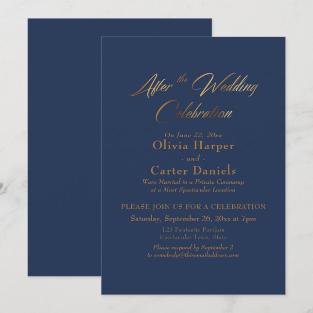 Gold Script After the Wedding Celebration Navy Invitation (Front/Back)