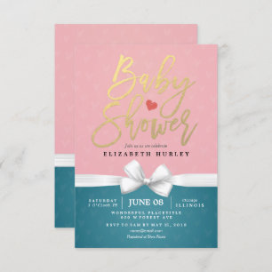 Gold Script and White Ribbon Pink Blue Baby Shower Invitation